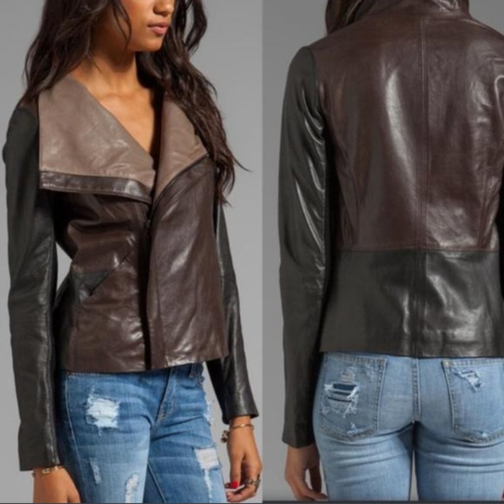 Vince Black/Brown Colorblock & Wrap Moto Espresso/Blk Jacket Sz M